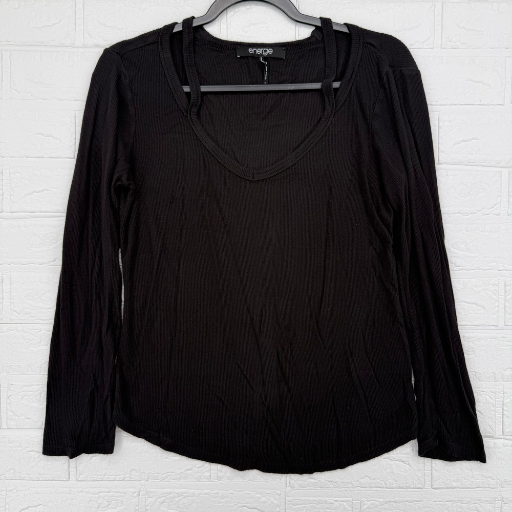 Energie Ribbed Long Sleeve Top Womens Large Black Double V-Neck Cutout